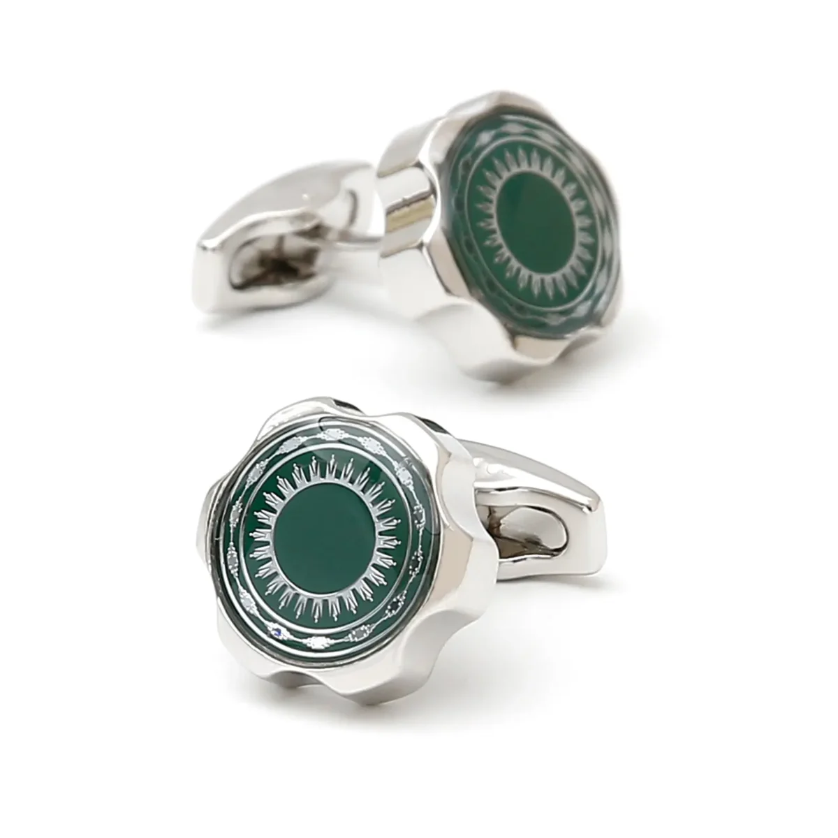 Green Sunburst Gear Enamel Cufflinks-1