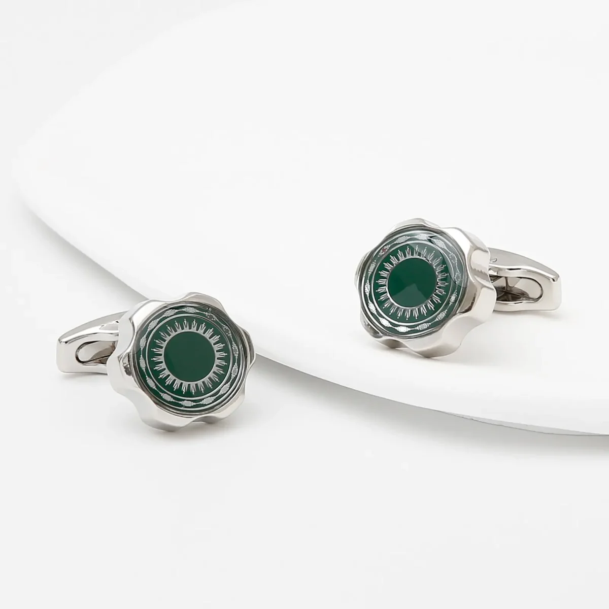 Green Sunburst Gear Enamel Cufflinks-4