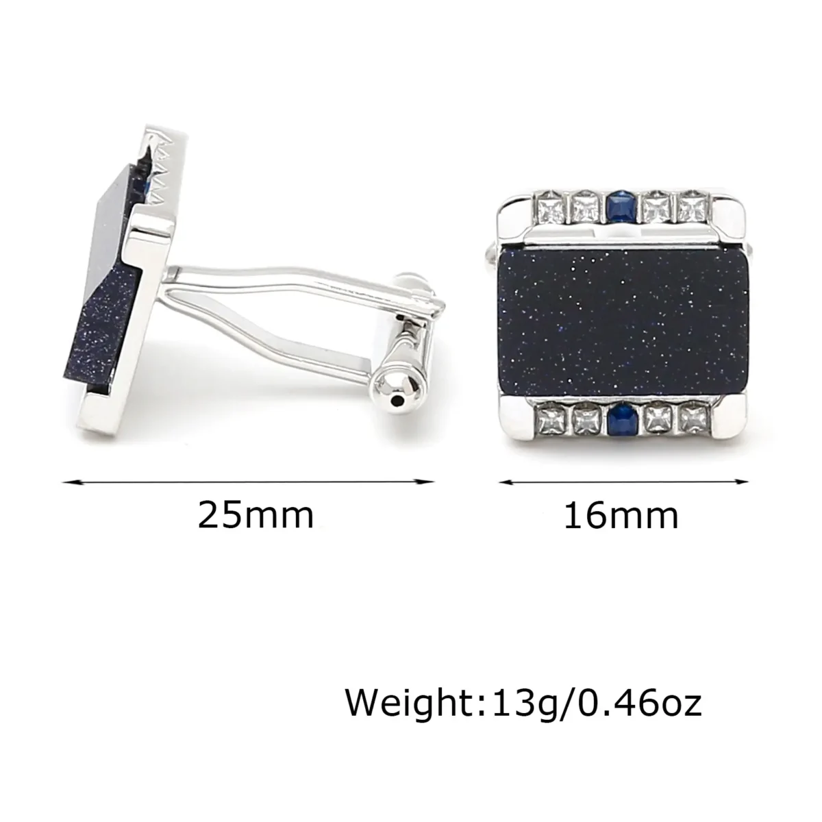 Luxury Blue Aventurine Rhinestone Square Silver Cufflinks-3