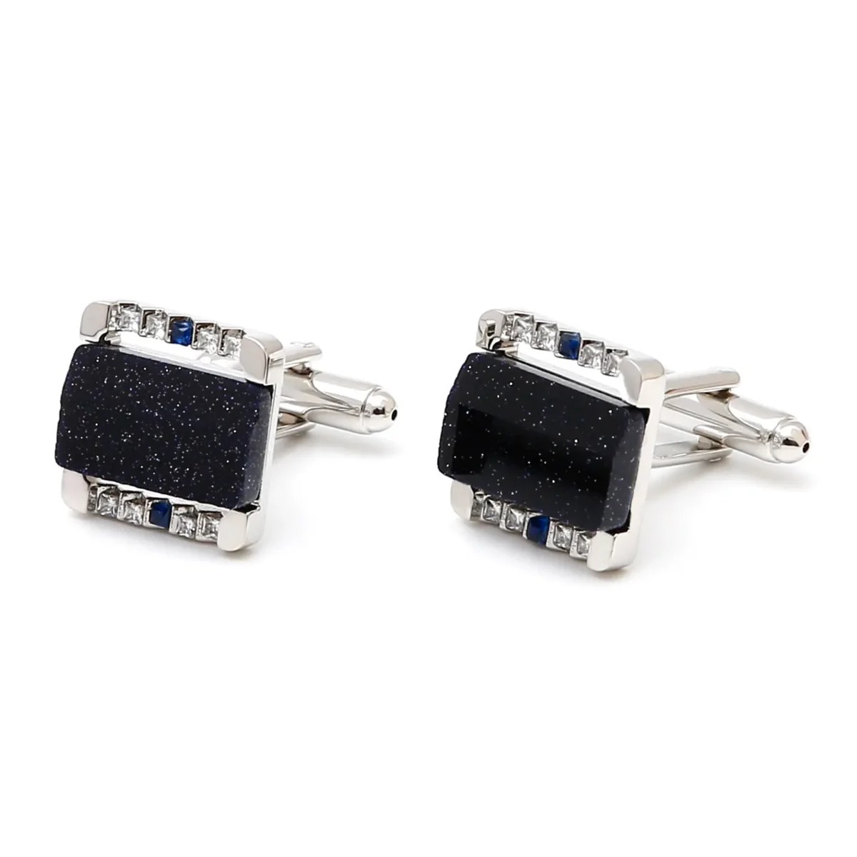 Luxury Blue Aventurine Rhinestone Square Silver Cufflinks-4