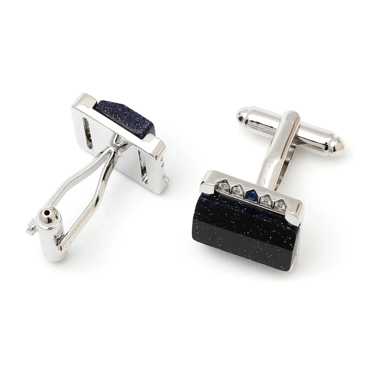 Luxury Blue Aventurine Rhinestone Square Silver Cufflinks-5