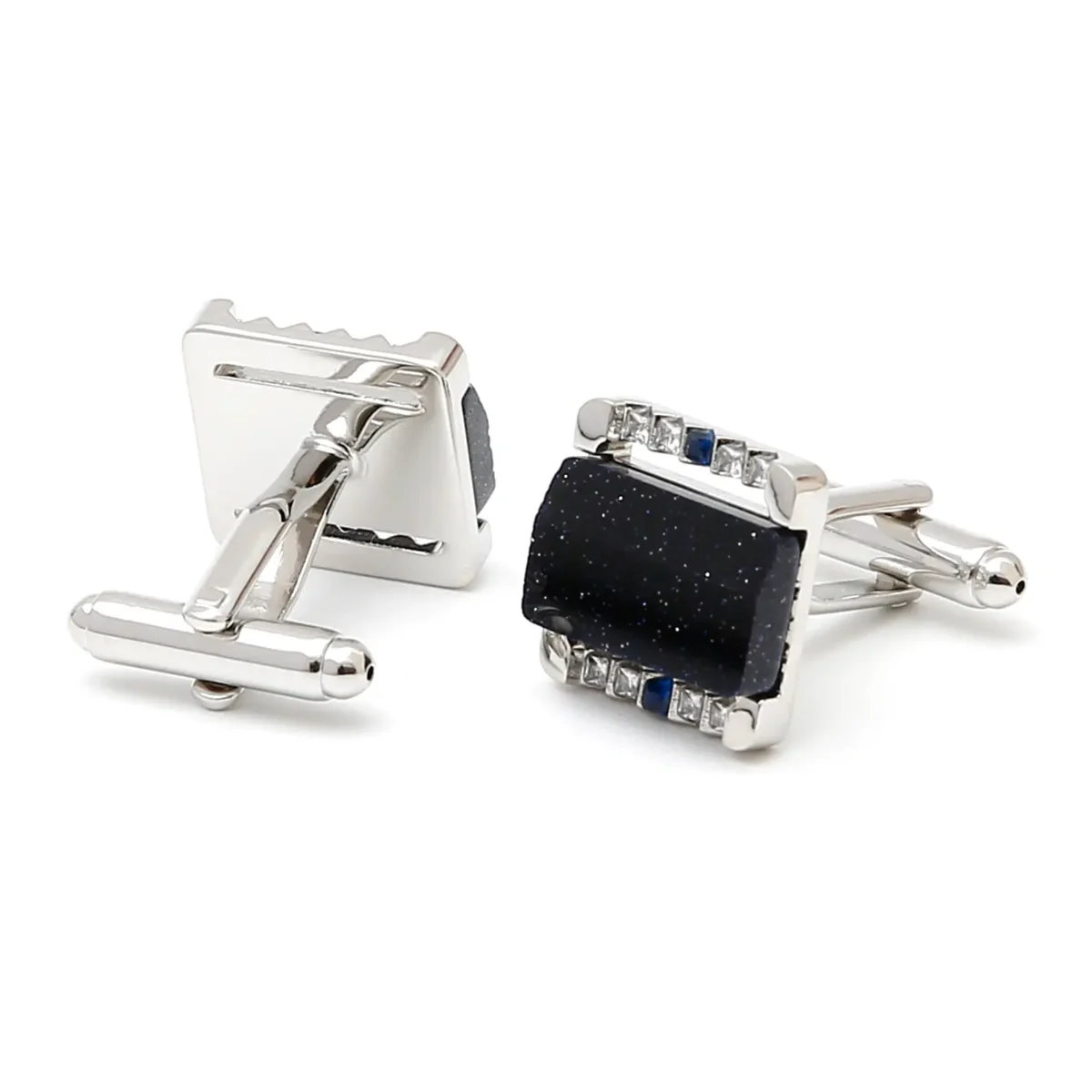 Luxury Blue Aventurine Rhinestone Square Silver Cufflinks-6