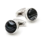 Blue Cloudy Agate Round Silver Cufflinks