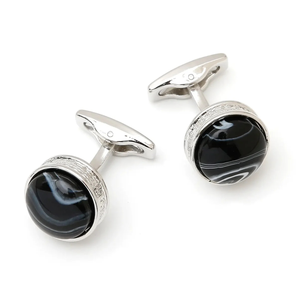 Blue Cloudy Agate Round Silver Cufflinks-4