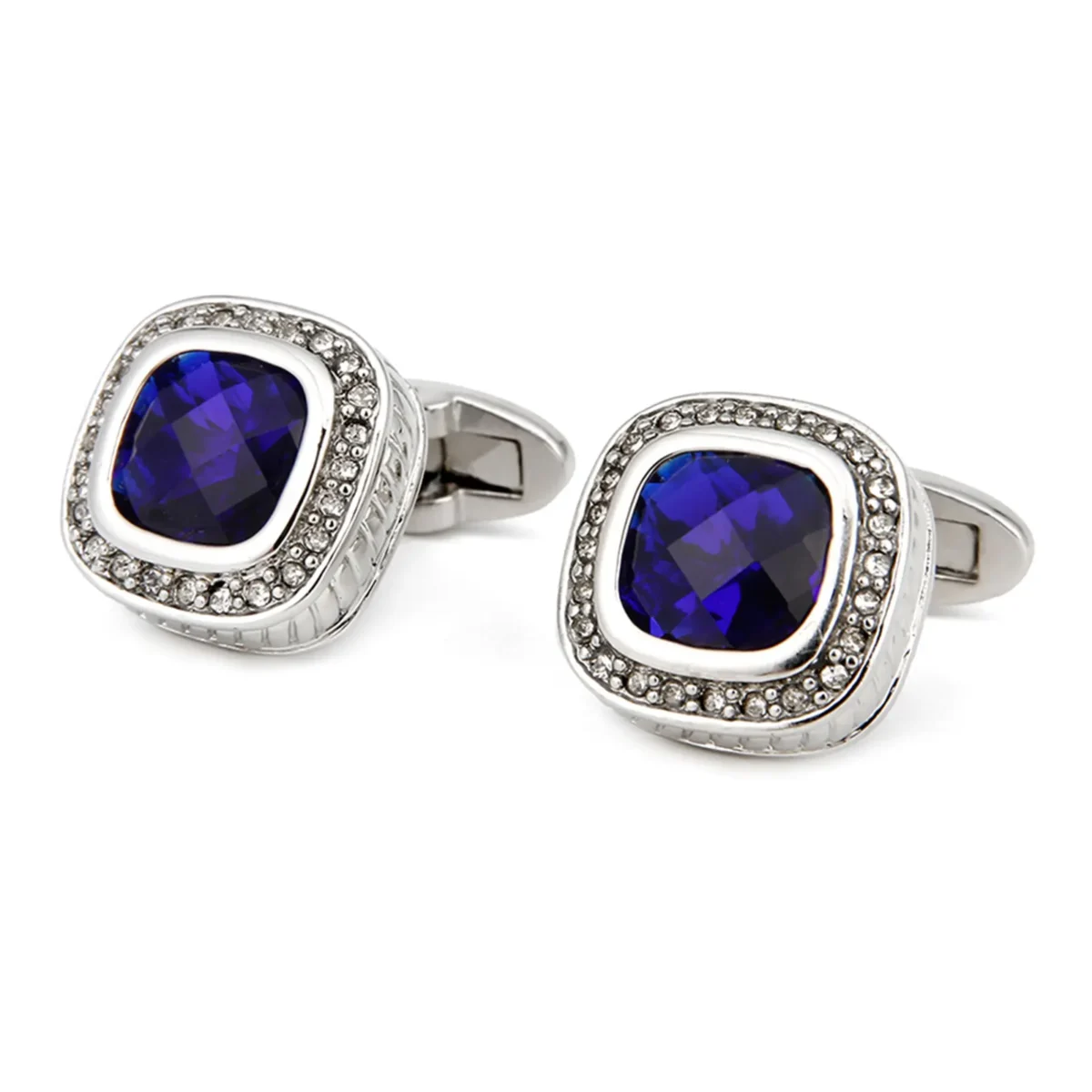 Blue Zircon Square Silver Cufflinks-3