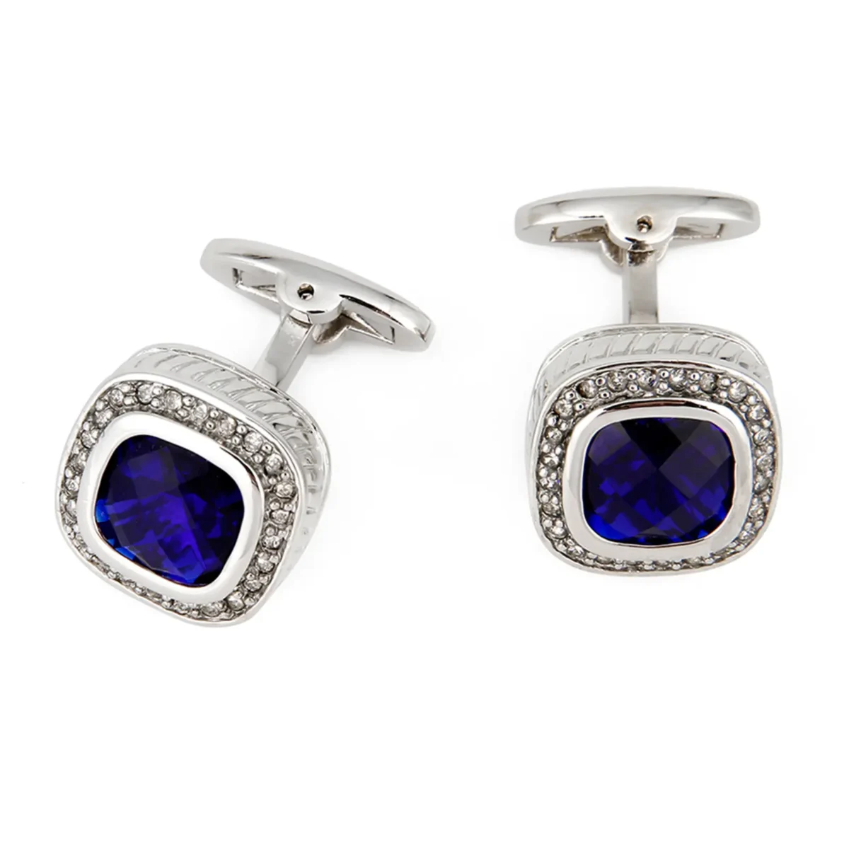 Blue Zircon Square Silver Cufflinks-5