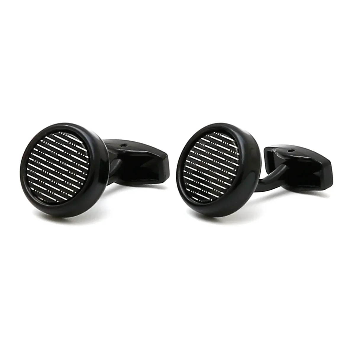 Fashion White Stripe Round Black Cufflinks-4