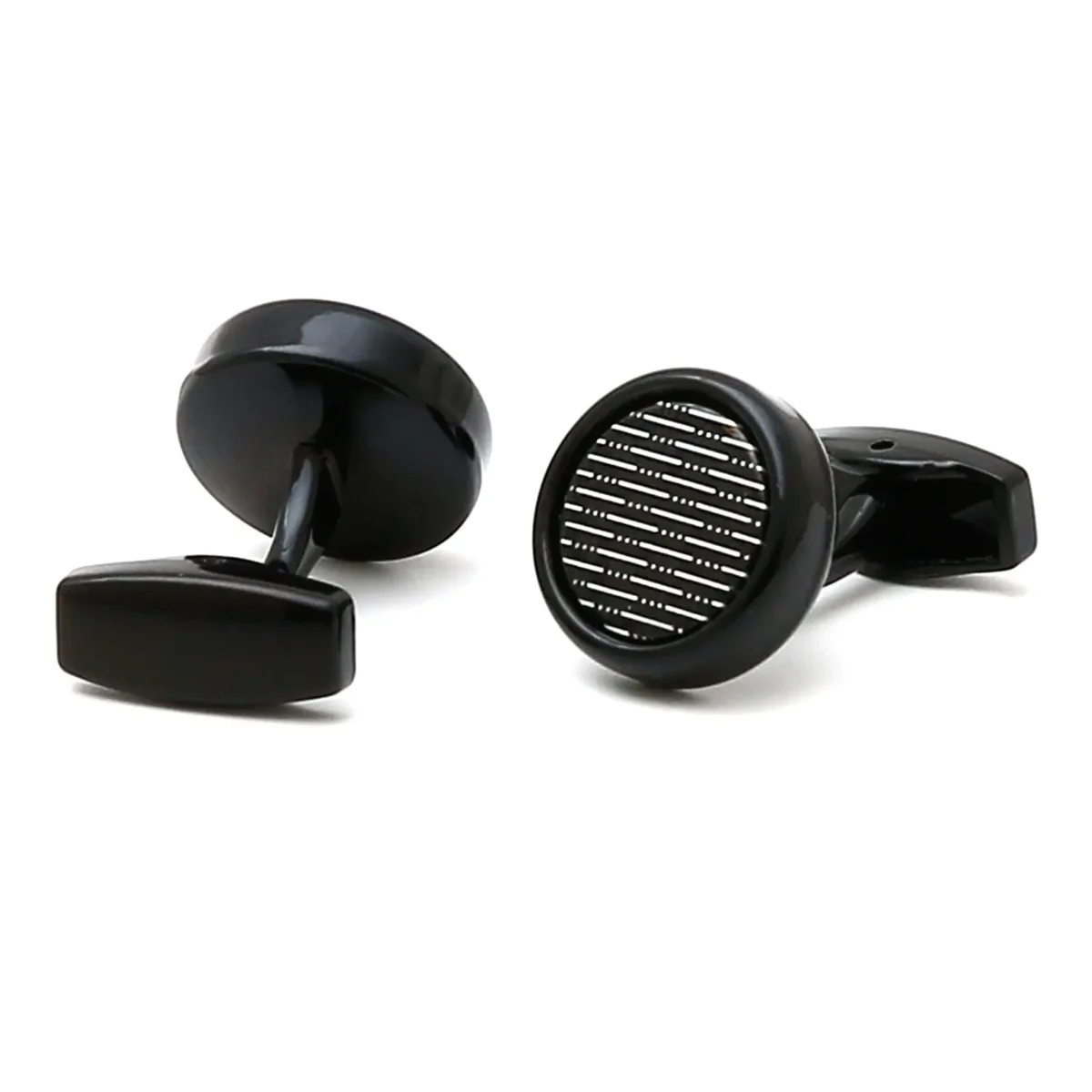 Fashion White Stripe Round Black Cufflinks-5