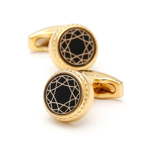 Geometric Pattern Round Gold Cufflinks-4