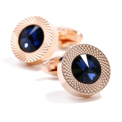 Luxury Blue Crystal Round Gold Engraved Cufflinks