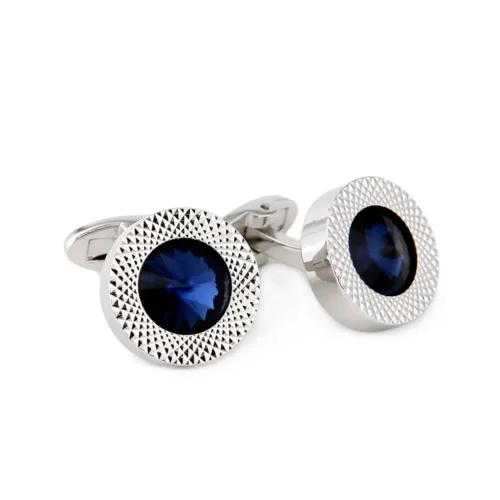 Luxury Blue Crystal Round Silver Engraved Cufflinks-6