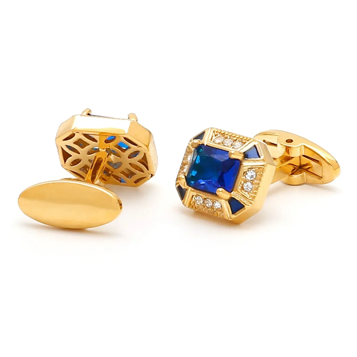 Luxury Blue Zircon Square Gold Cufflinks-5