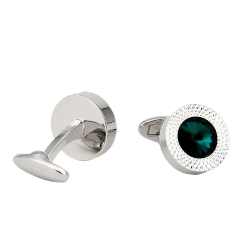 Luxury Green Crystal Round Silver Engraved Cufflinks