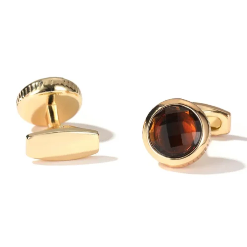 Men's Round Brown Faceted Crystal Cufflinks-Gold--4