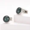 Men's Vintage Green Textured Round Silver Cufflinks