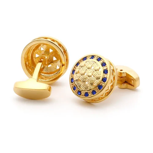 Round Blue Crystal Gold Cufflinks-2