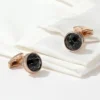 Round Cracked Faceted Onyx Cufflinks-rose gold-2