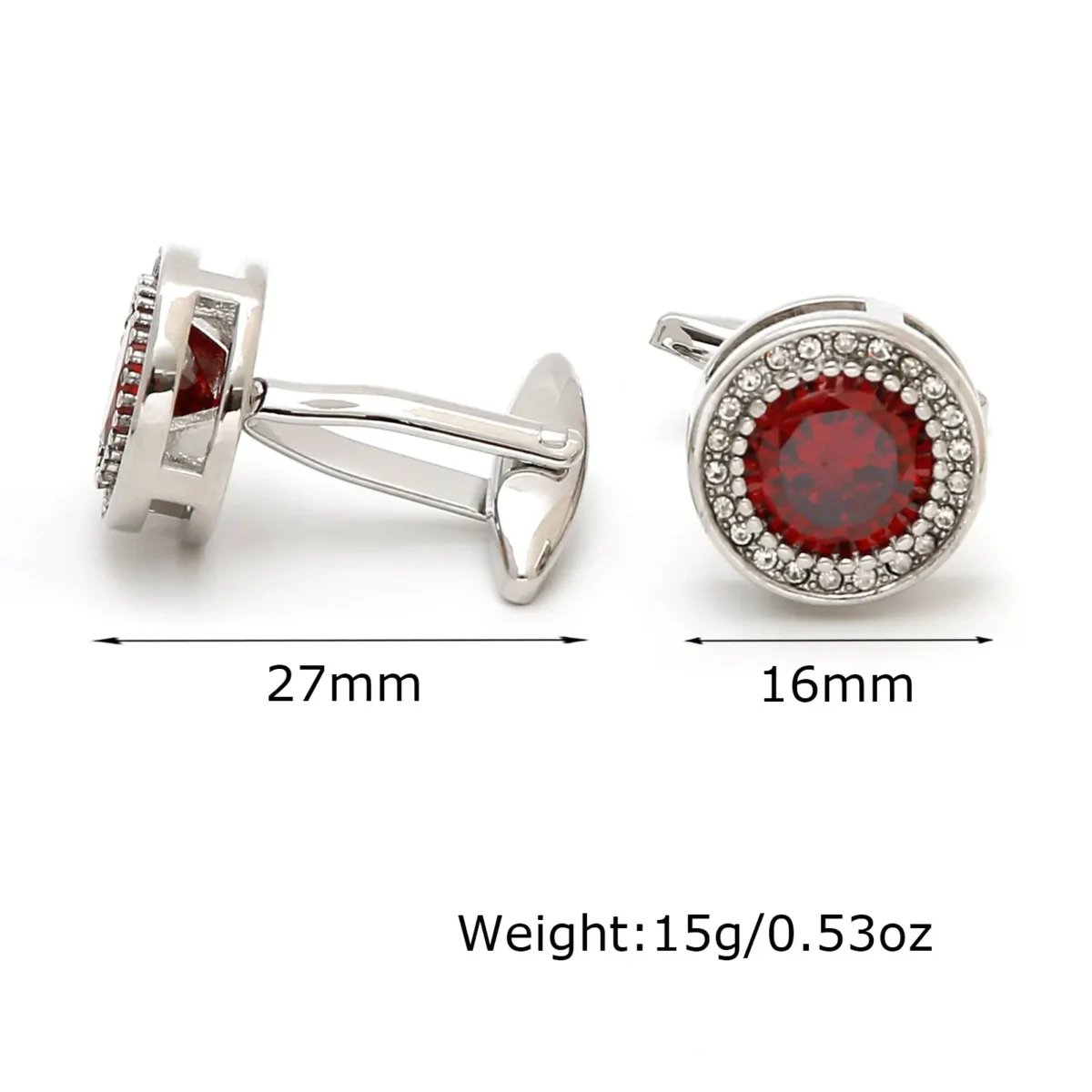 Vintage French Red Zirconia Round Silver Cufflinks-1