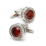 Vintage French Red Zirconia Round Silver Cufflinks