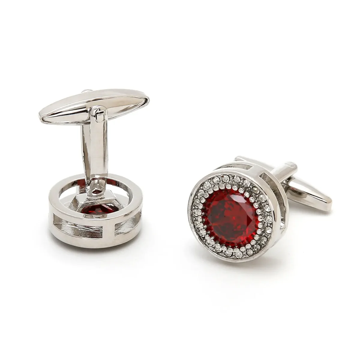 Vintage French Red Zirconia Round Silver Cufflinks-6